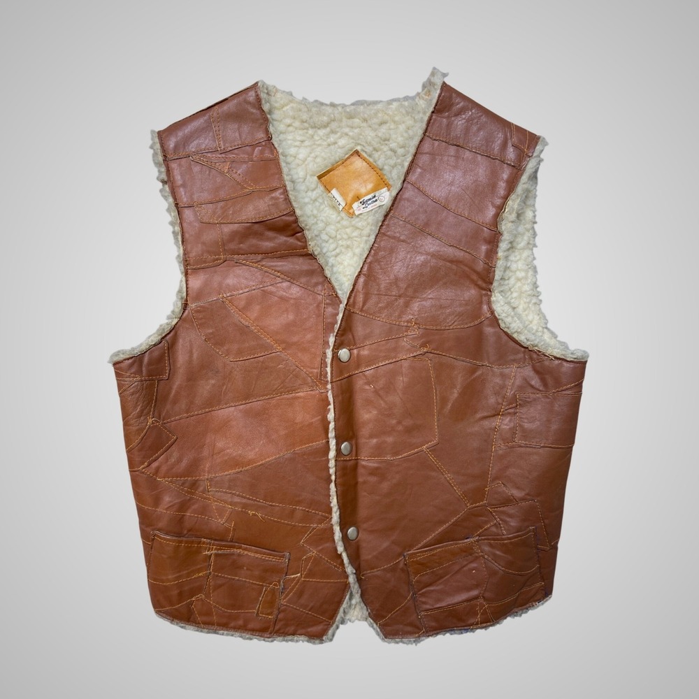 Vintage Leather Vest Mens Brown Sherpa Lined Western Biker Mexico